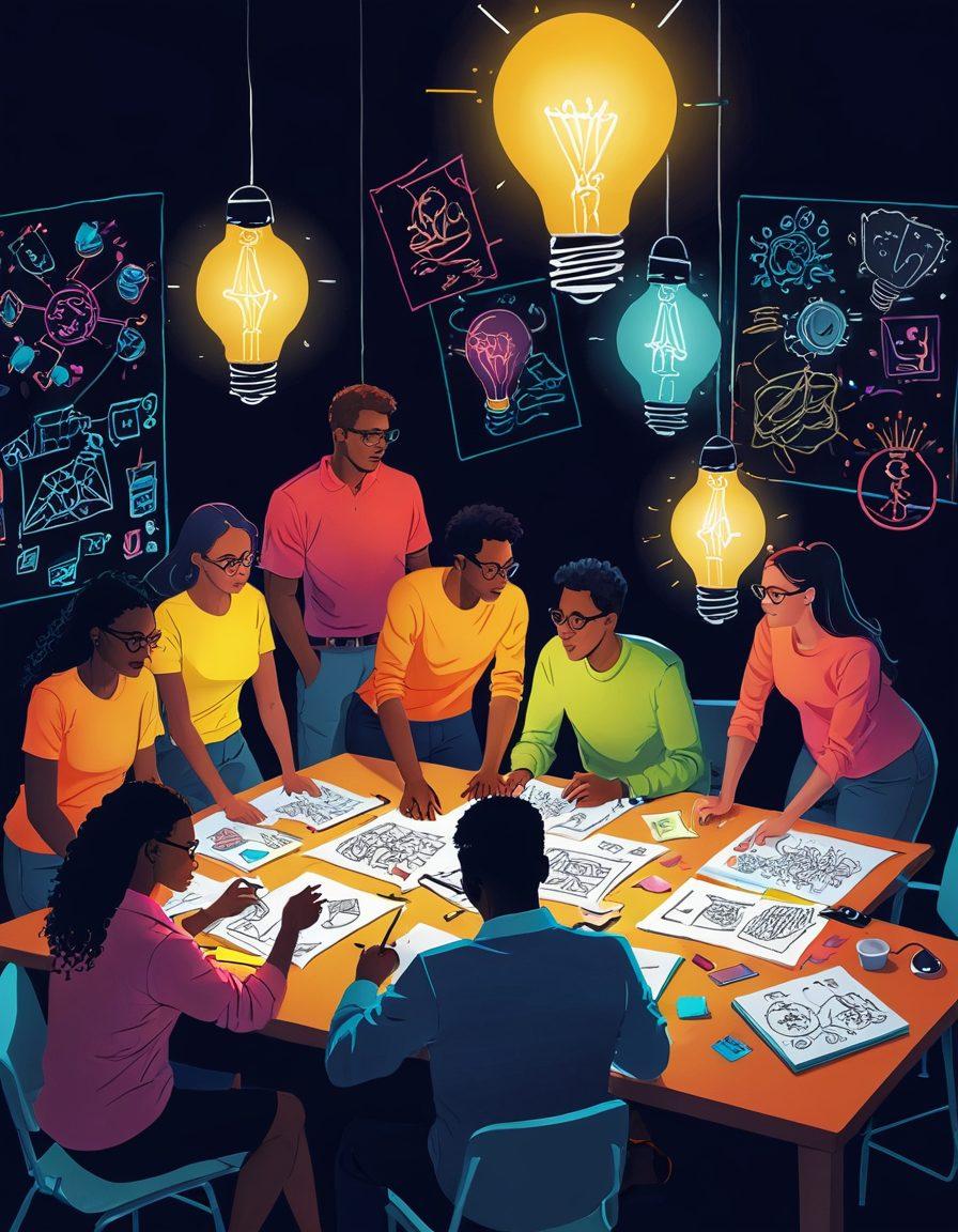 A dynamic brainstorming session with diverse individuals around a table filled with sketches and post-it notes, symbolizing innovative thinking. Include a glowing lightbulb above representing ideas springing to life, while one person works on a laptop displaying patent applications. The atmosphere should be energetic and collaborative, with vibrant colors and creative tools scattered around. digital illustration. bright colors. high contrast.