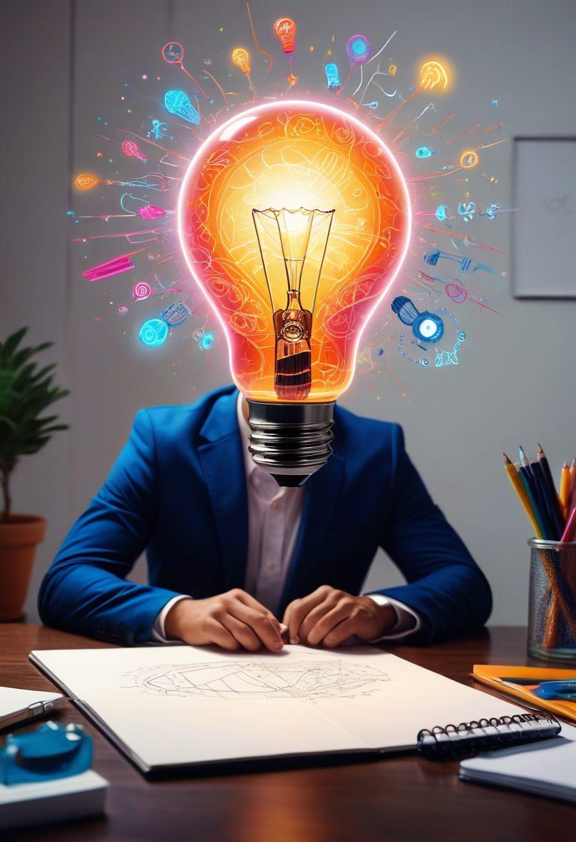A light bulb bursting with colorful ideas swirling around it, depicting the essence of innovation. Surrounding the light bulb are sketches of futuristic inventions and technology, with vibrant hues representing creativity and inspiration. In the background, a thoughtful figure is shown brainstorming with a notepad, emphasizing the theme of unlocking creativity. super-realistic. vibrant colors. white background.