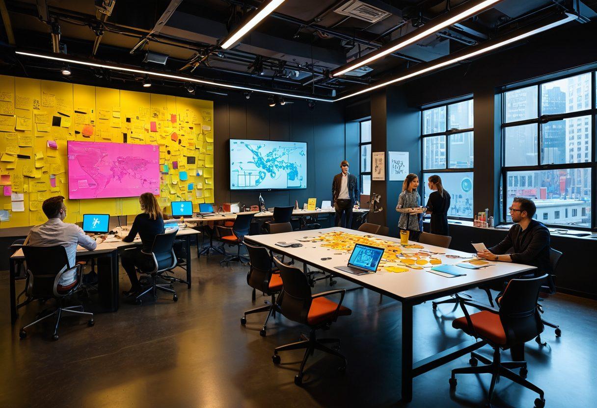 A futuristic workspace featuring a diverse team of innovators brainstorming around a large interactive digital screen displaying design thinking phases. Include colorful sticky notes, sketches, and 3D models scattered on the table, along with innovative tech gadgets. The atmosphere should be dynamic and inspiring, filled with natural light from large windows, showcasing a cityscape outside. Illustrate a sense of collaboration and creativity in motion. vibrant colors. super-realistic.